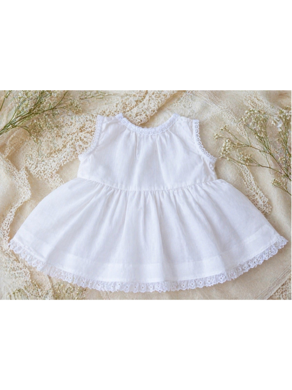 Vintage Handmade Baby Slip Dress White Cotton Lace Trim MCM Infant Christening